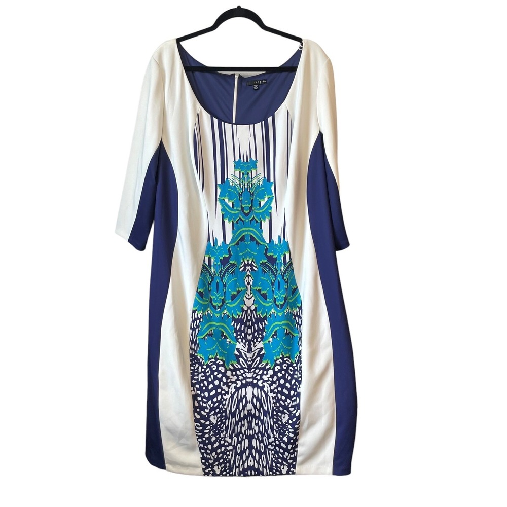 Sangria Women 22W Blue Abstract Print Sheath Dress 3/4 Sleeve Stretch Plus - Picture 2 of 11